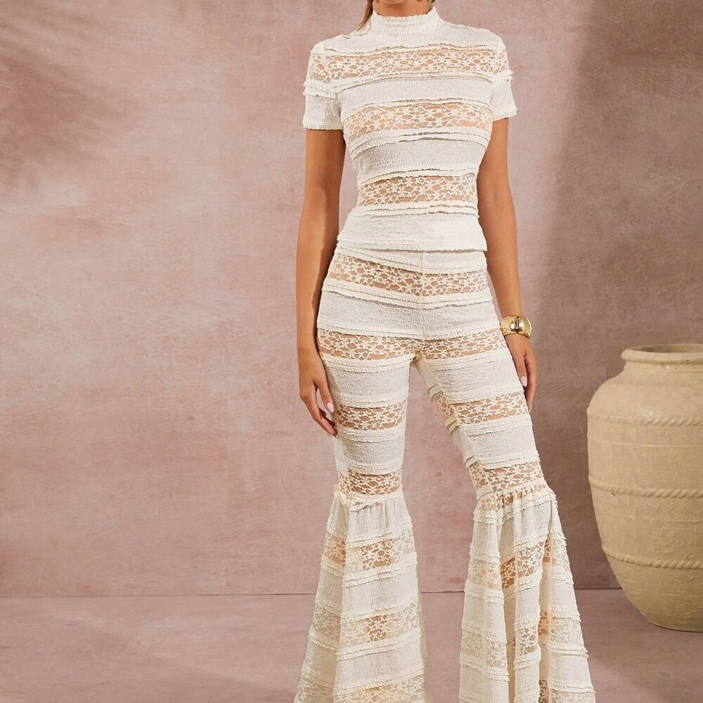 boho women's Mixed Fabric Lace Top & Flared Pants Two Pieces Set